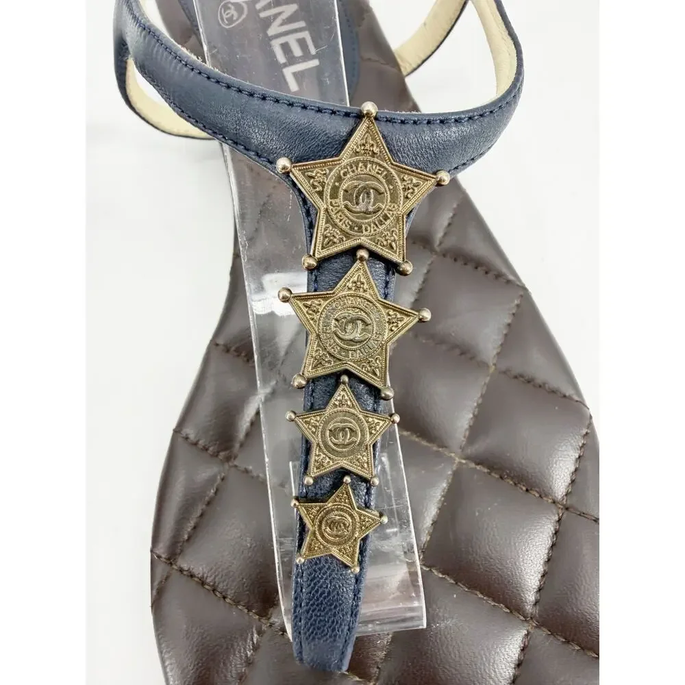 Chanel Paris Dallas Quilted Leather CC Star T Strap Flat Sandals Black Shoes 37